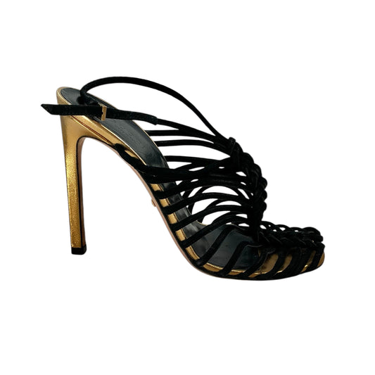 Gucci Angelique Black Suede Braided Caged Stiletto Strappy Sandals Heels