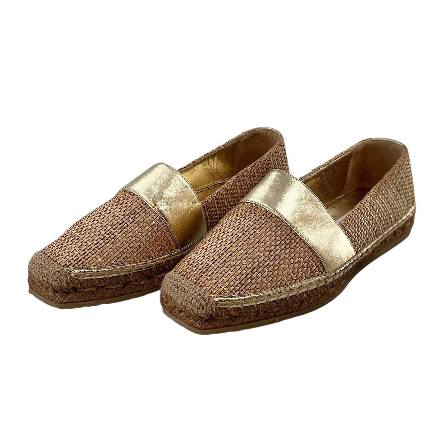 Jimmy Choo "Dru" Metallic Leather and Woven Fabric Flat Espadrilles
