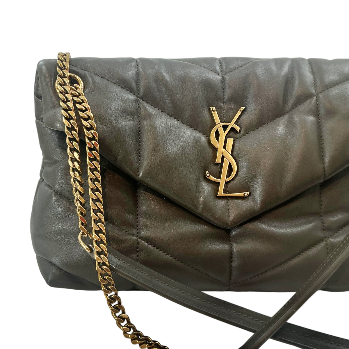 YSL Saint Laurent Small Loulou Puffer Bag in Olive Green Lambskin with Gold Hardware