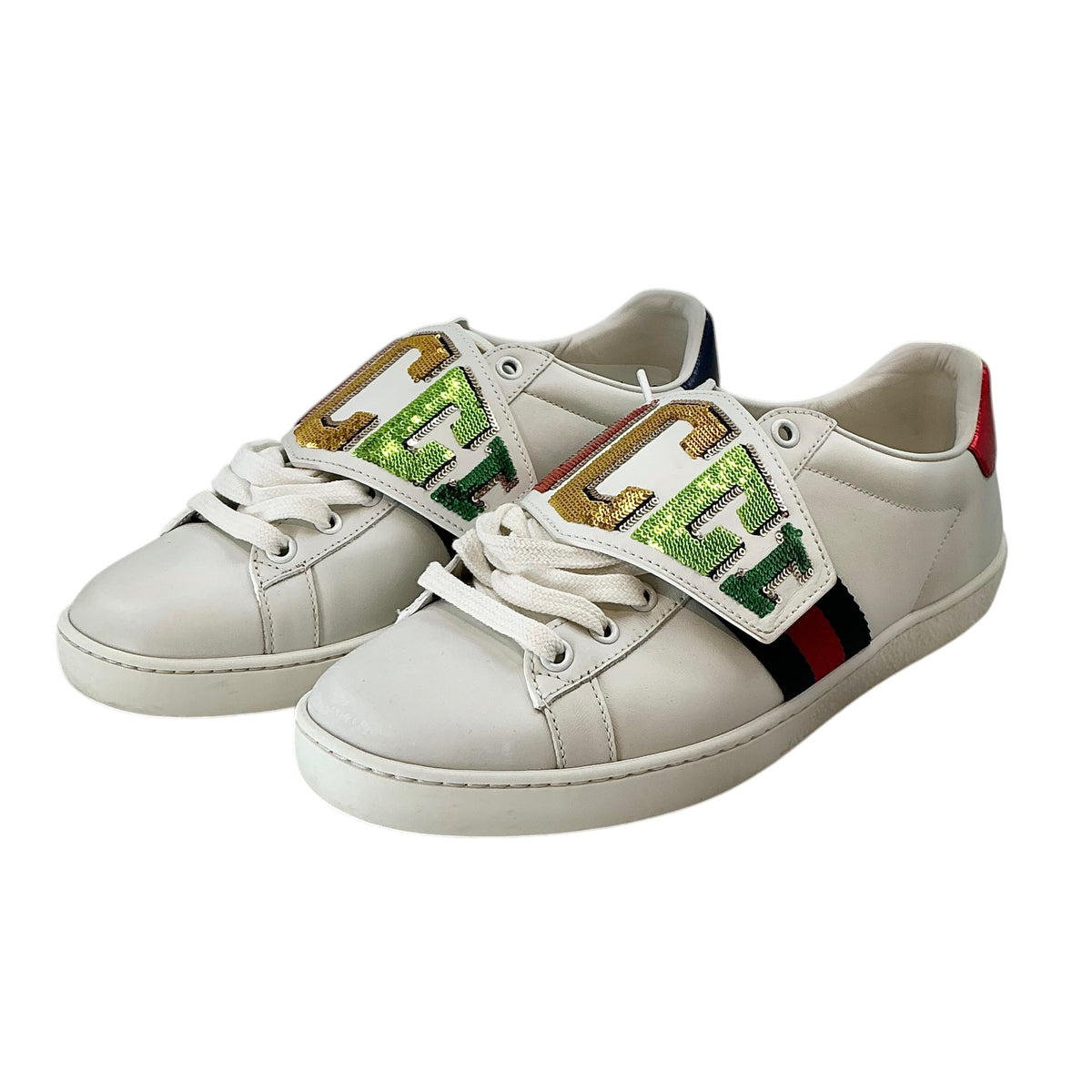 Gucci Ace White Leather Sequin Rainbow Logo Sneakers