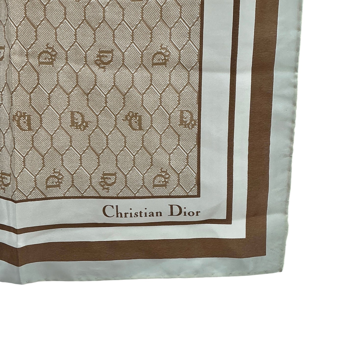 Vintage Christian Dior Honeycomb Monogram Silk Square Scarf - Beige & Chocolate Brown