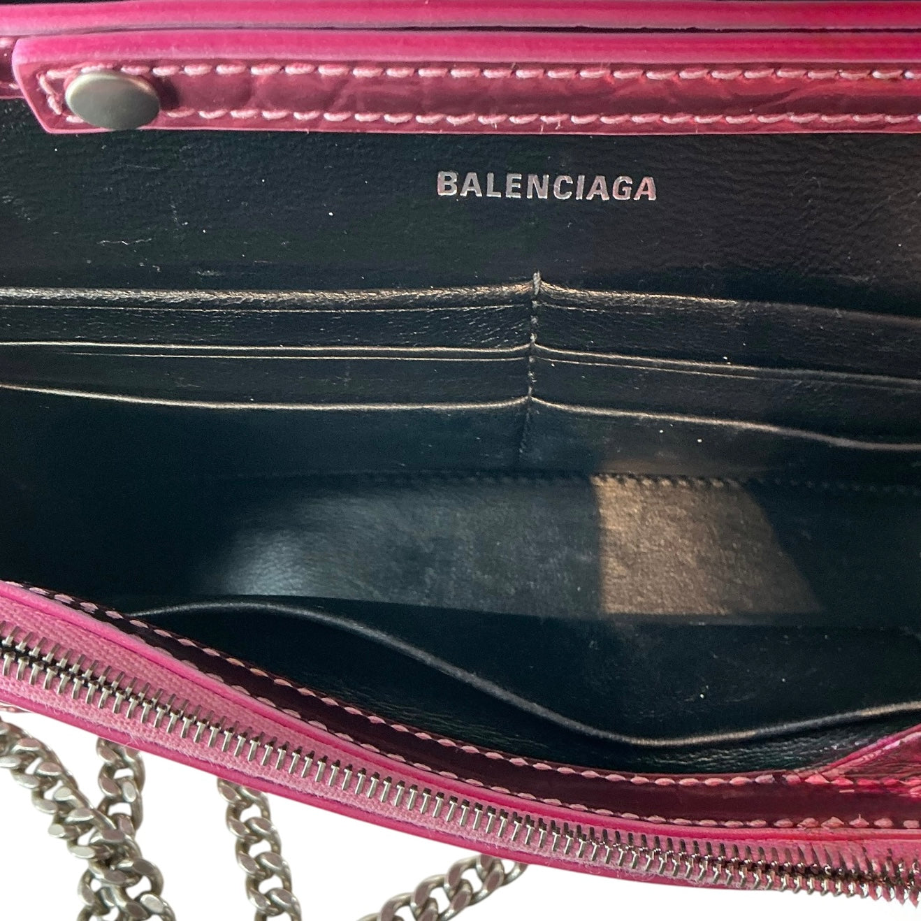 Balenciaga Hourglass Chain Wallet – Metallic Pink Crocodile-Embossed Leather