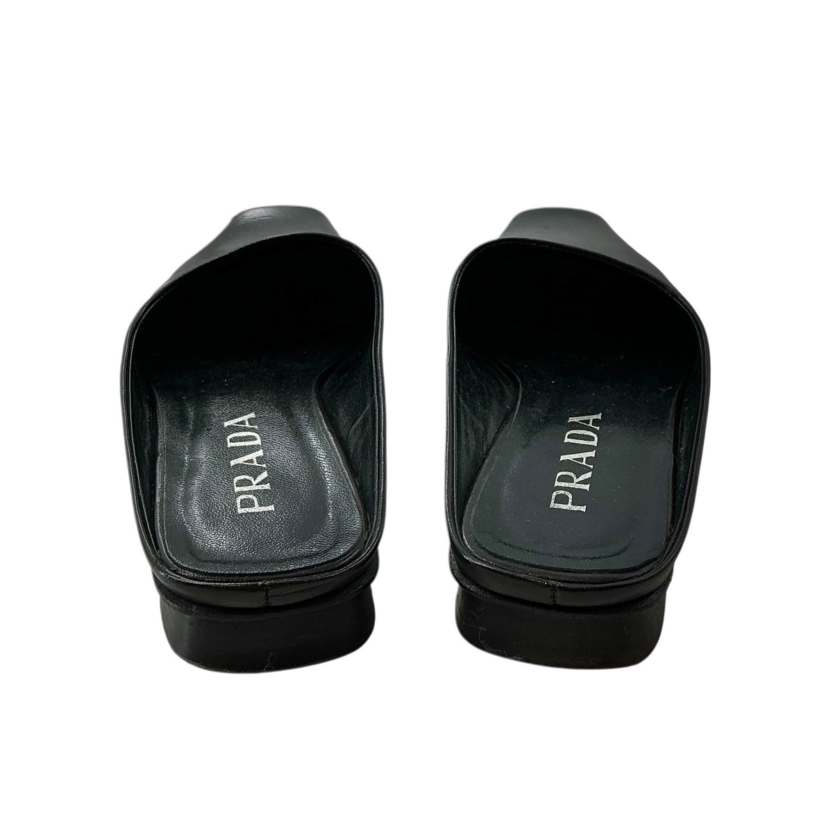 PRADA Black Leather Square Toe Flat Mules Slides