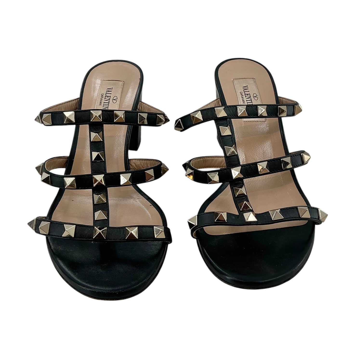 Valentino Garavani Rockstud Caged Black Leather Block Heel Mules Sandals
