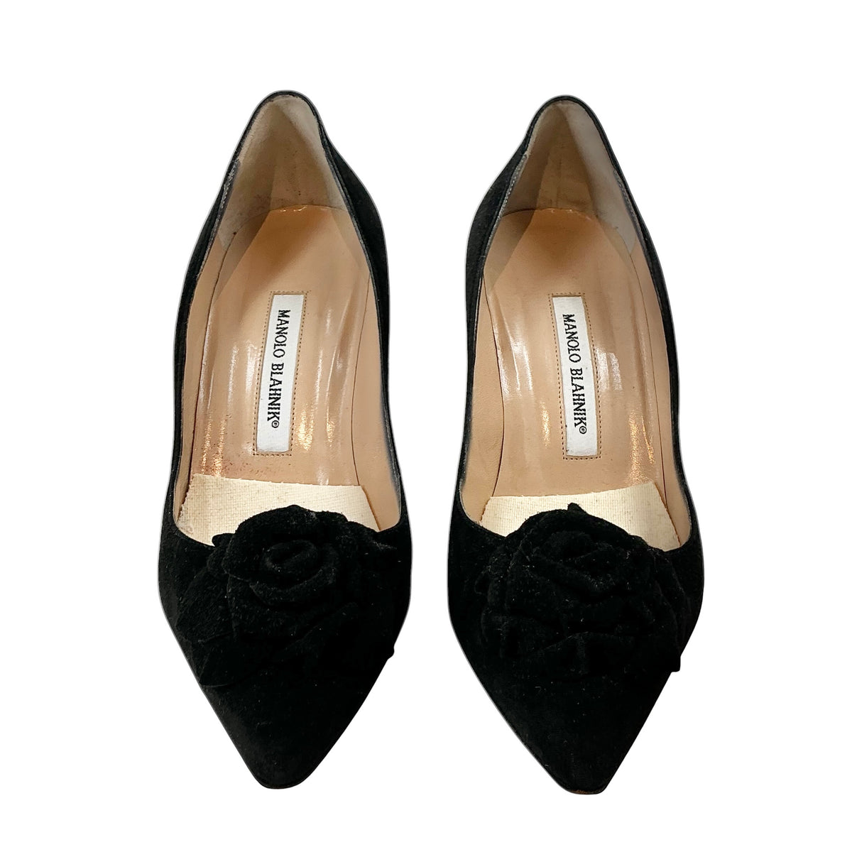 Manolo Blahnik Black Suede Lisa Flower Applique Pointed Toe Pumps