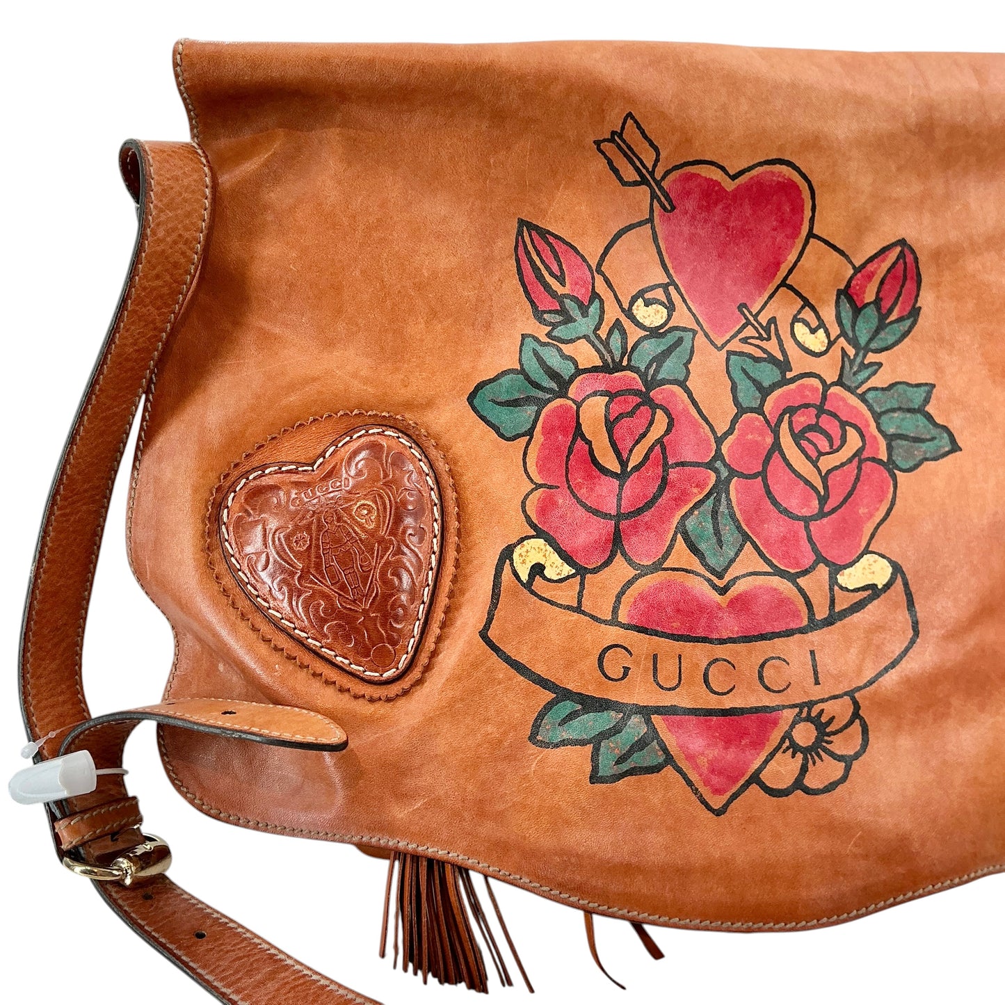 Gucci Limited Edition Tan Leather Tattoo Heart Tribeca Messenger Bag