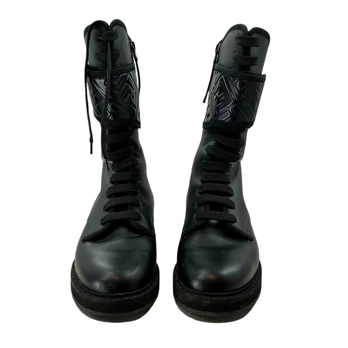Fendi Black Leather Rockoko FF Monogram Combat Biker Boots