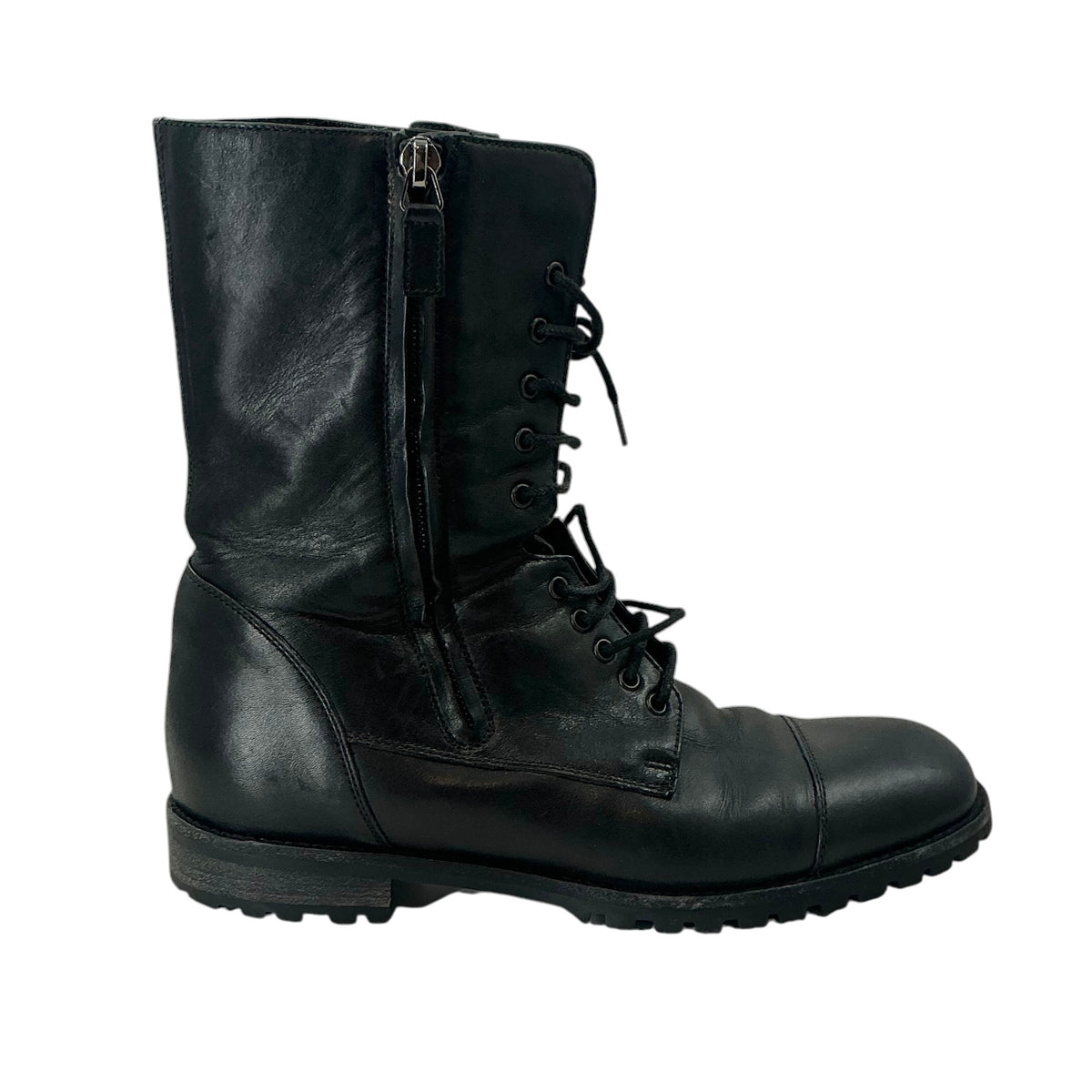 Manolo Blahnik Lugata Black Calf Leather Lace Up Zip Combat Boots