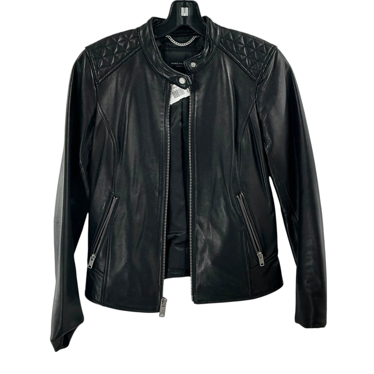 Marc New York Black Leather Quilted Shoulder Cafe Racer Jacket