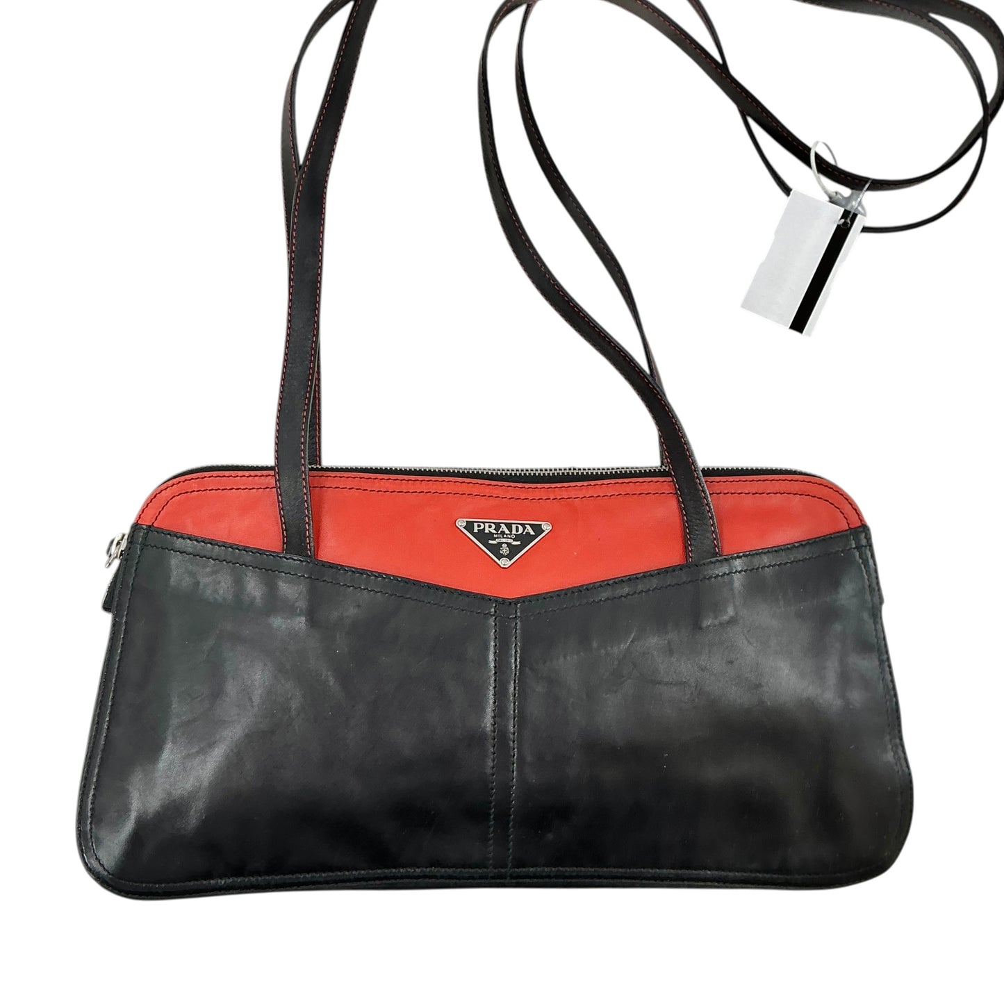 Prada Vintage Orange and Black Lambskin Leather & Nylon Shoulder Bag