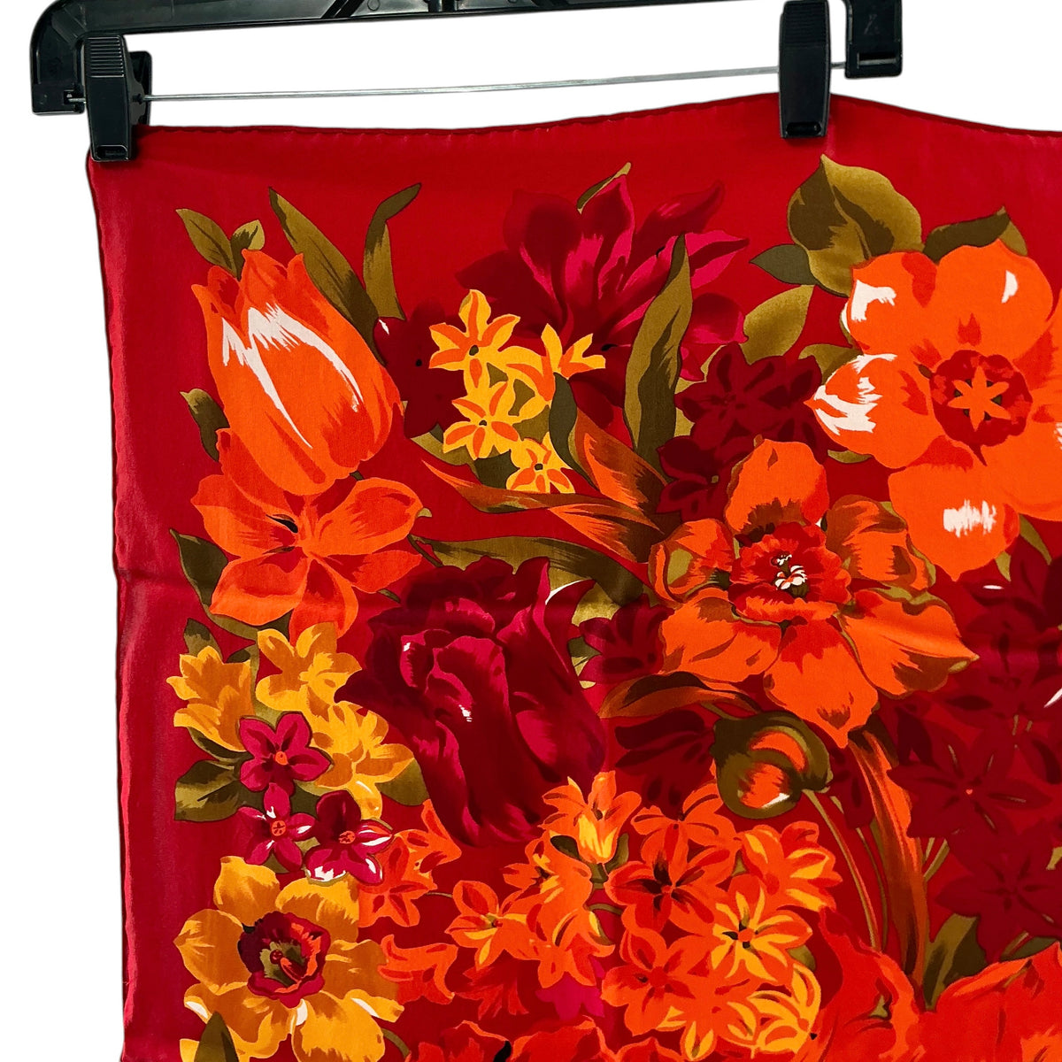 Vintage Yves Saint Laurent Silk Floral Scarf – Vibrant Red, Orange & Yellow Square Foulard