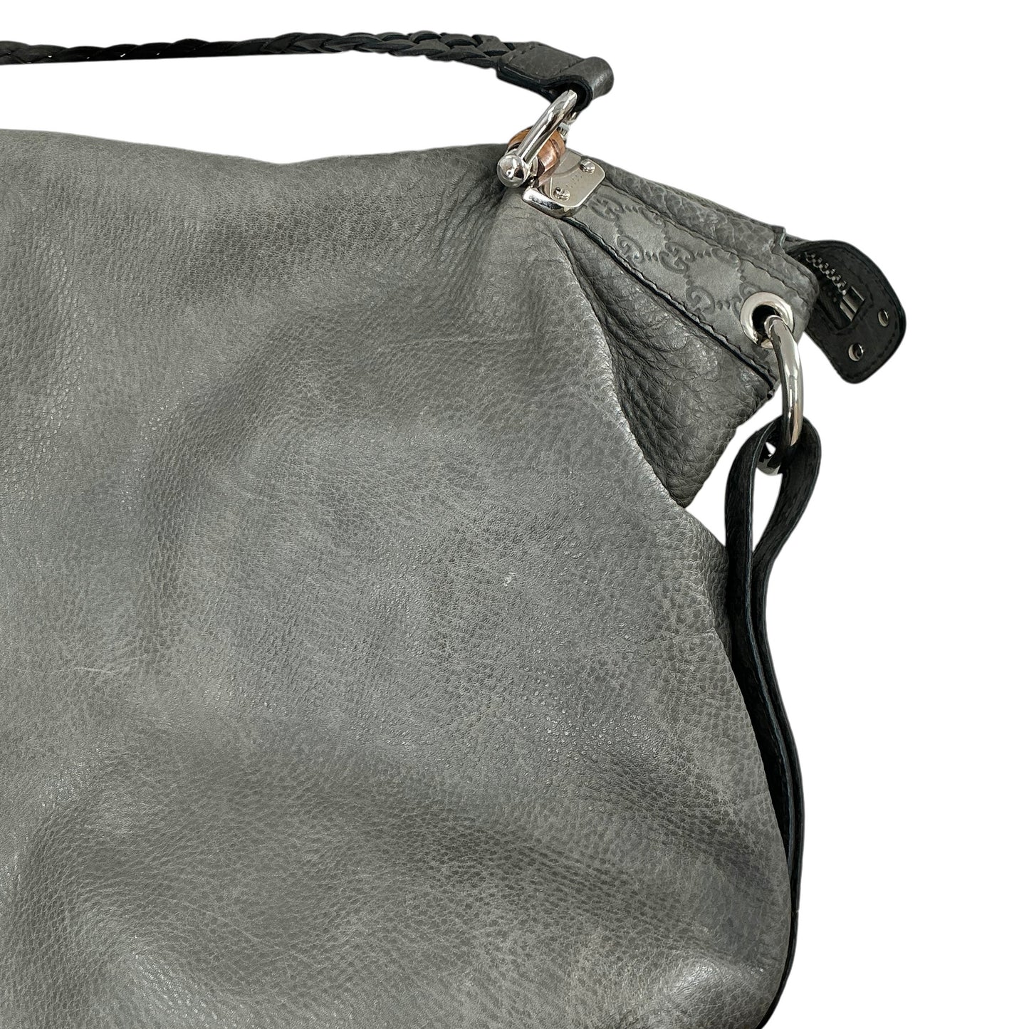 Gucci Grey Leather Bamboo Bar Large Shoulder Bag with Braided Handle