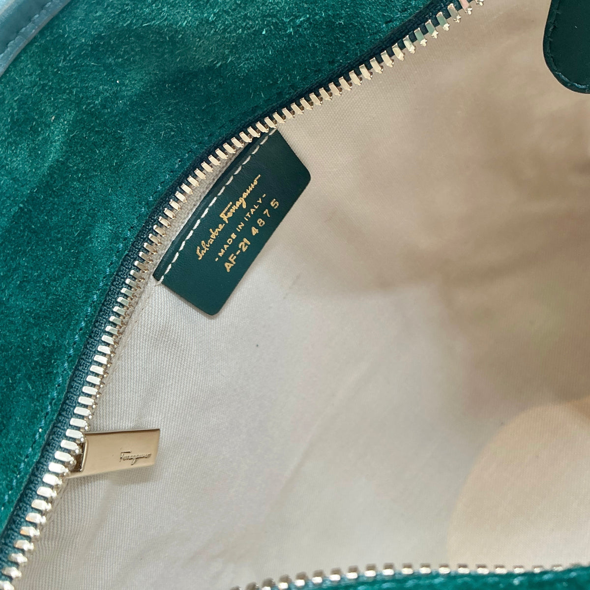 Salvatore Ferragamo Hunter Green Suede & Leather Gancini Top Handle Bag