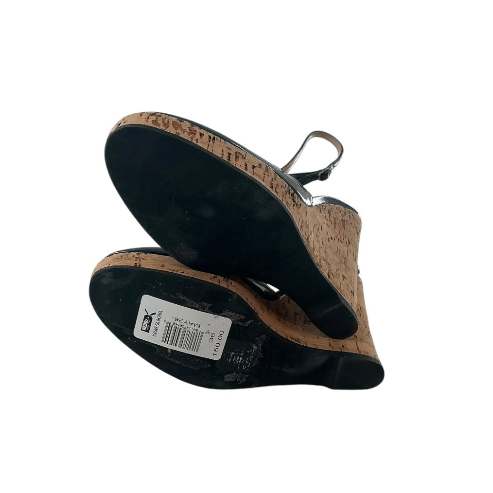 Yves Saint Laurent Black Patent Leather Slingback Cork Wedge Platforms