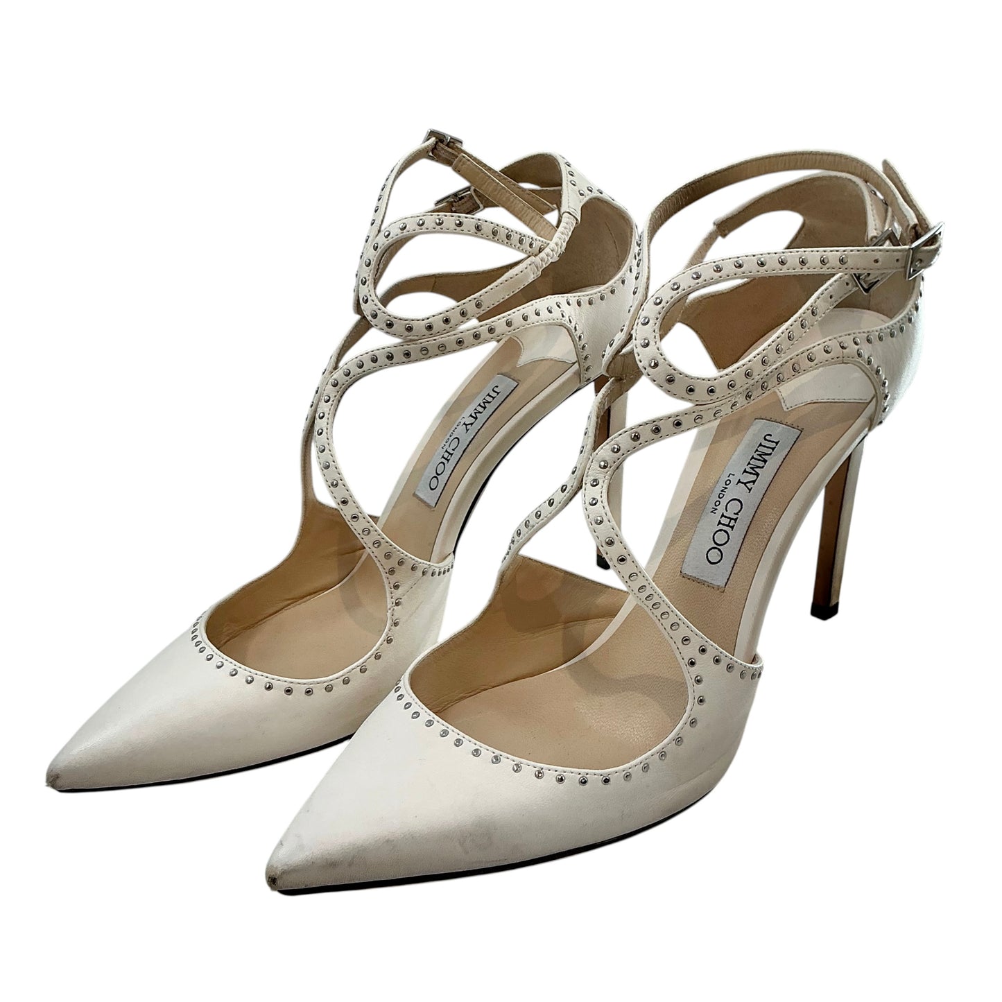 Jimmy Choo White Studded Leather Lancer 100 Strappy Pointed Toe Pumps