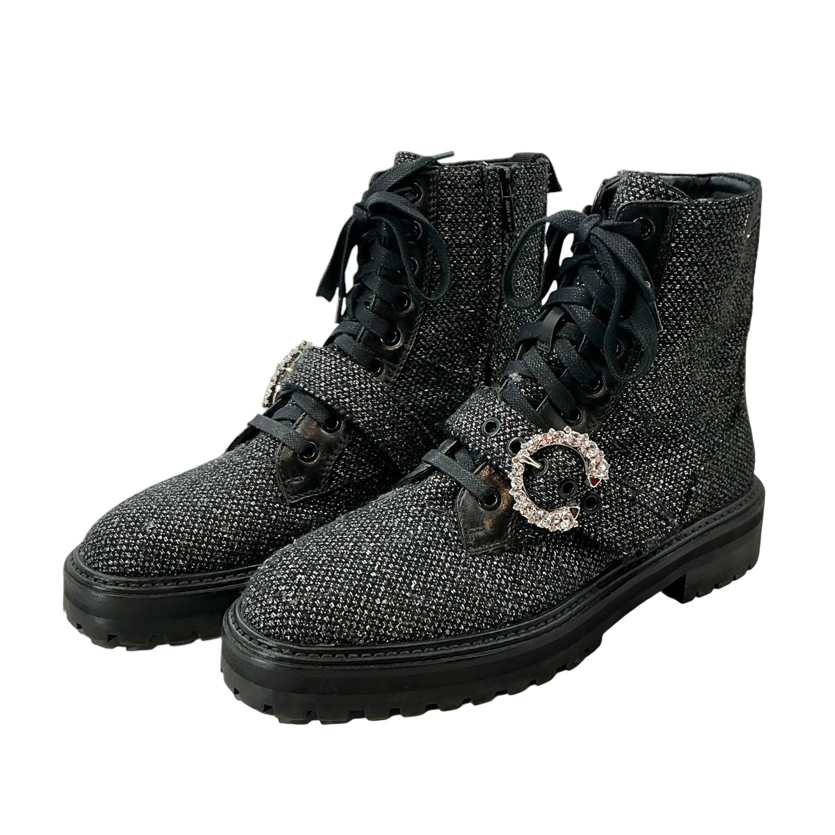 Jimmy Choo "Cora" Embellished Tweed Combat Boots