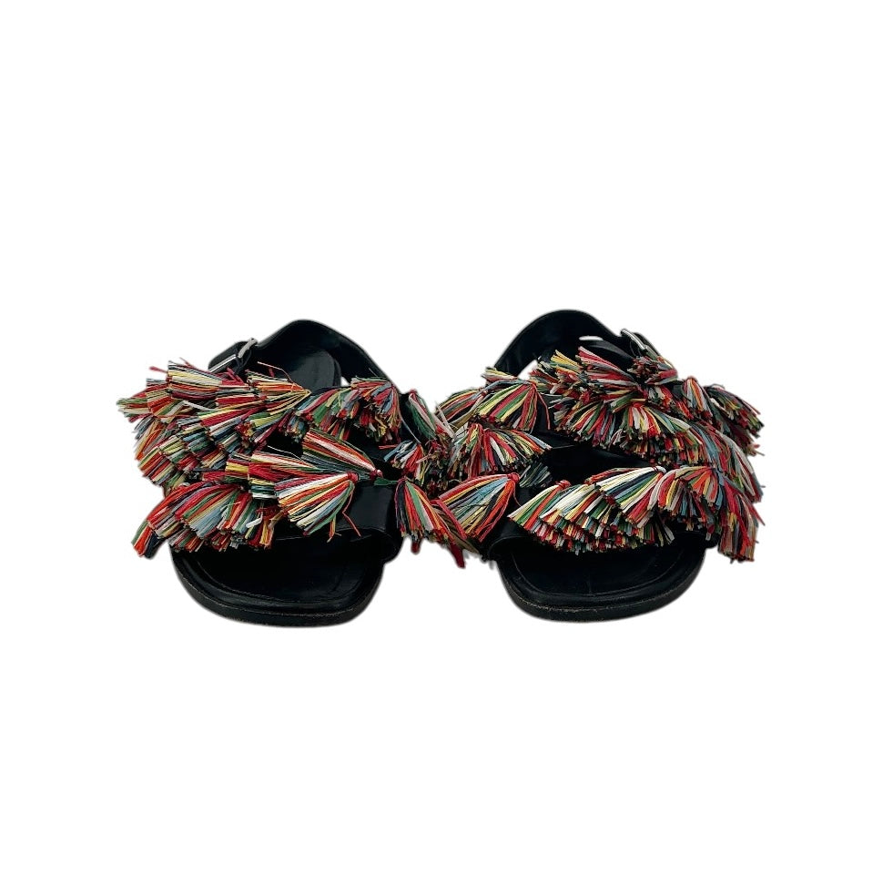 Manolo Blahnik Raffia Fringe Leather Slingback Sandals