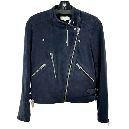 REISS Freya Suede Collarless Biker Moto Jacket Indigo Blue