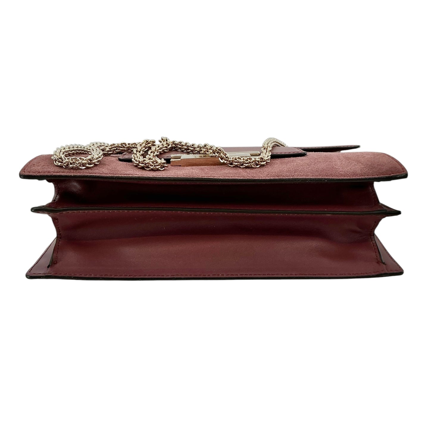 AERIN Burgundy Leather & Suede Convertible Flap Shoulder Bag with Gold Chain