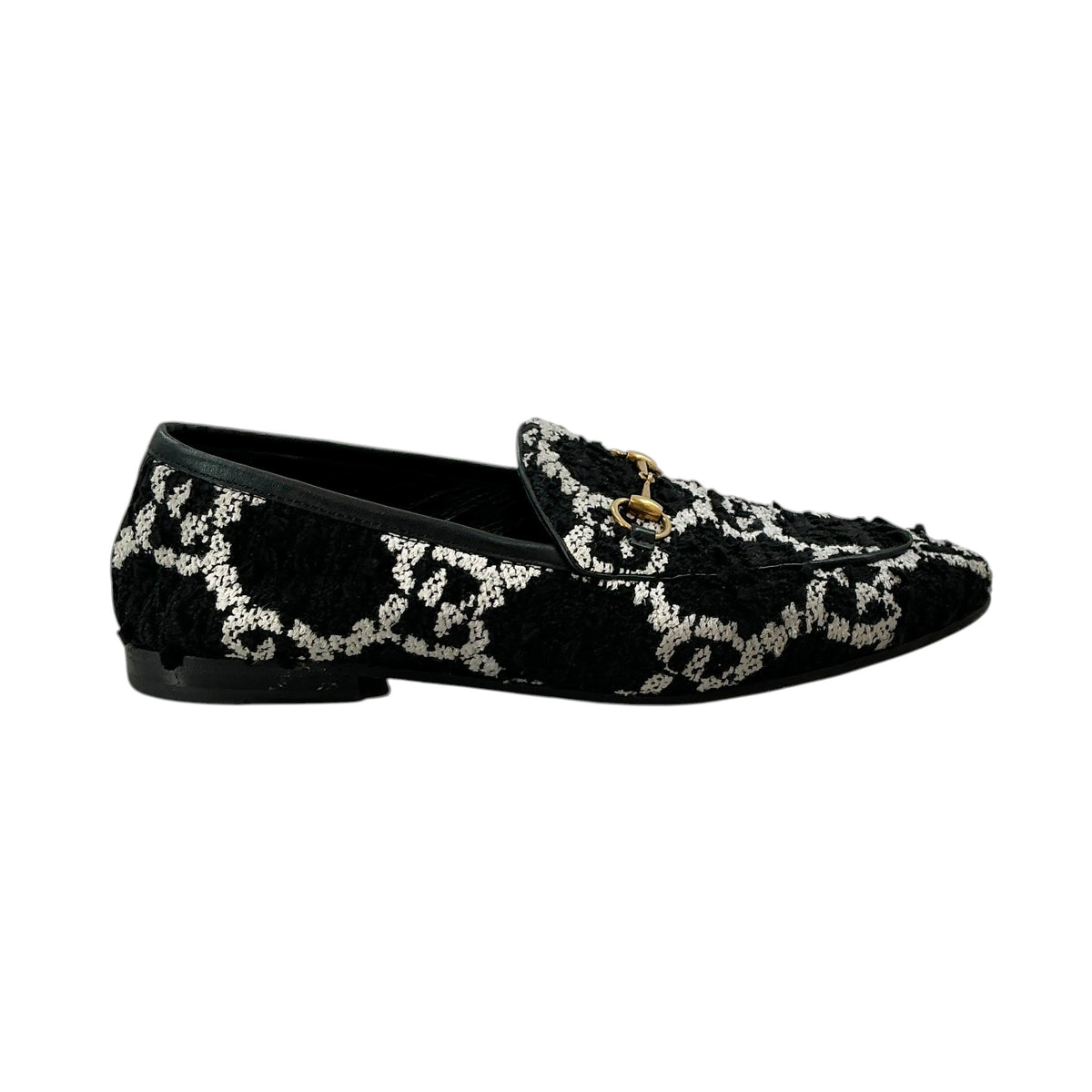 Gucci Black & White GG Tweed Jordaan Horsebit Loafers