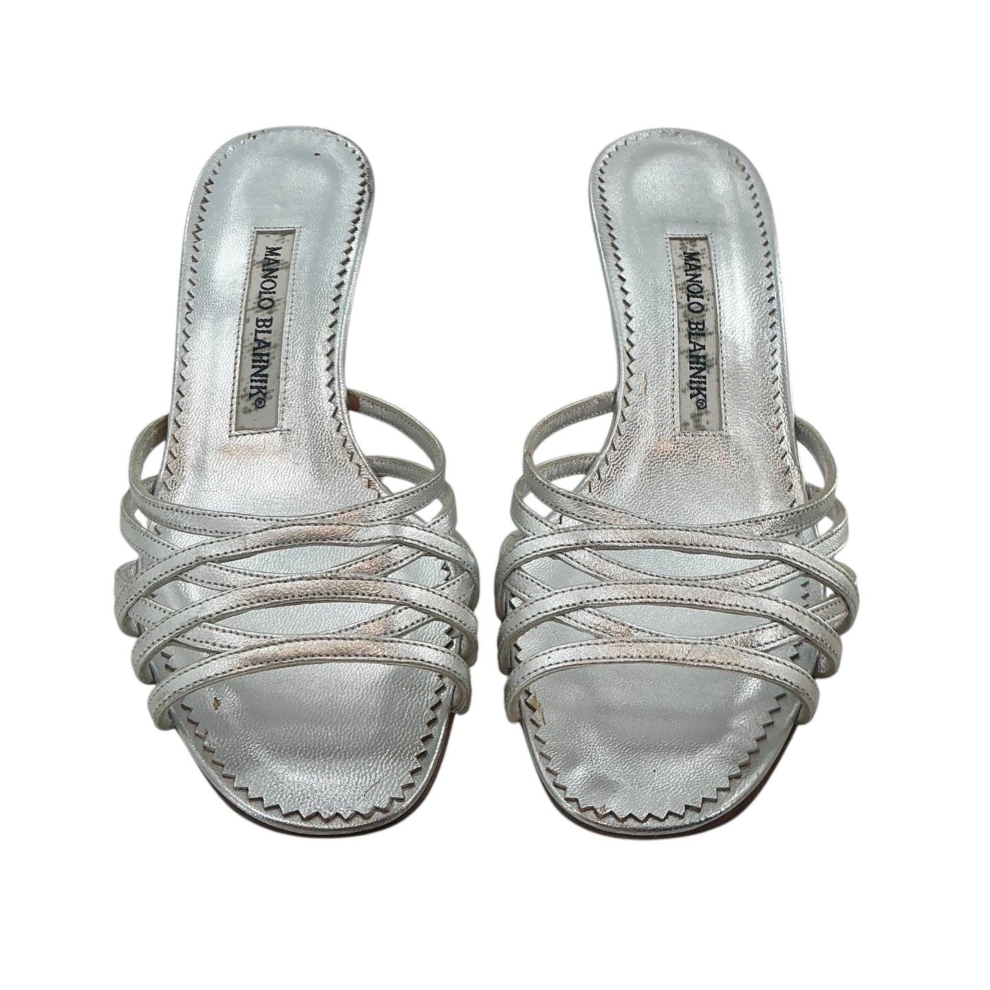 Manolo Blahnik Metallic Silver Multi-Strap Kitten Heel Mules Sandals