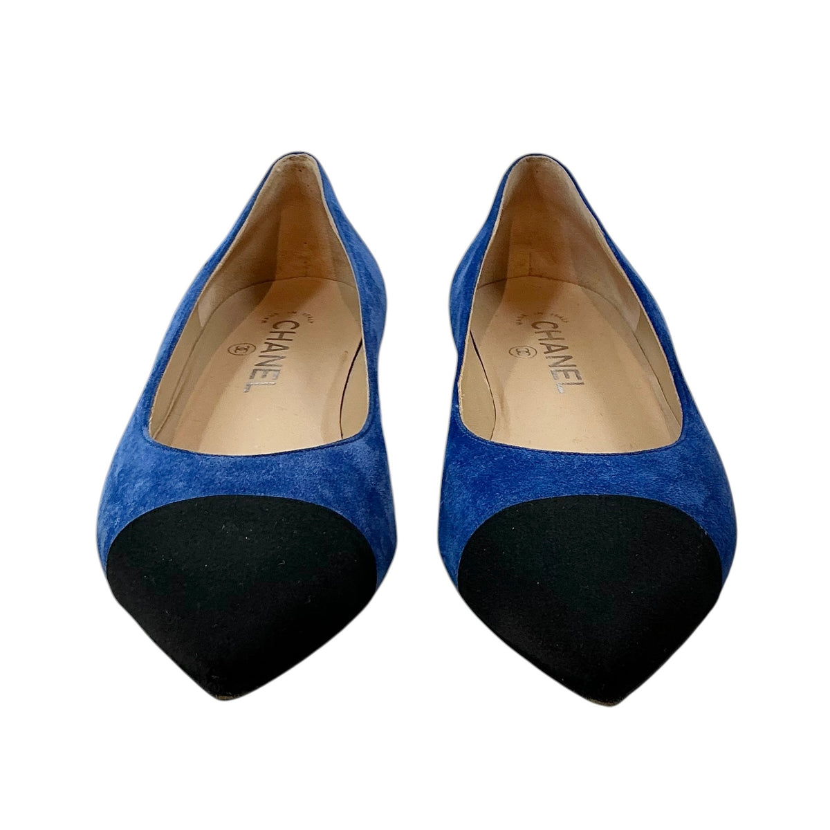 CHANEL Cobalt Blue Suede & Black Satin Pointed Cap Toe Flats