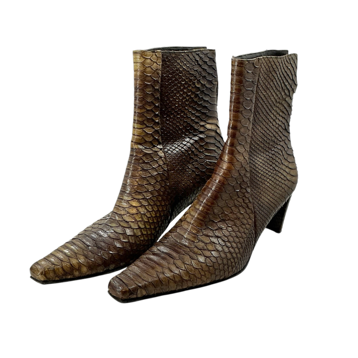 Stuart Weitzman Exotic Brown Snakeskin Pointed Toe Ankle Boots
