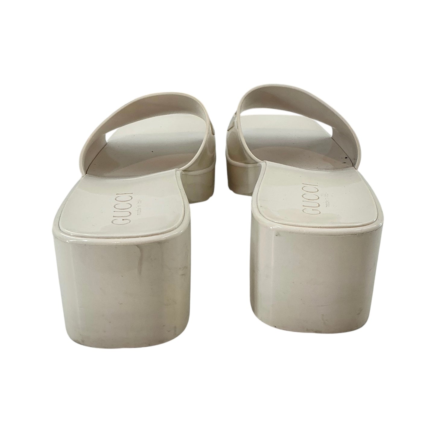 Gucci White Rubber Platform Logo Block Heel Slide Sandals