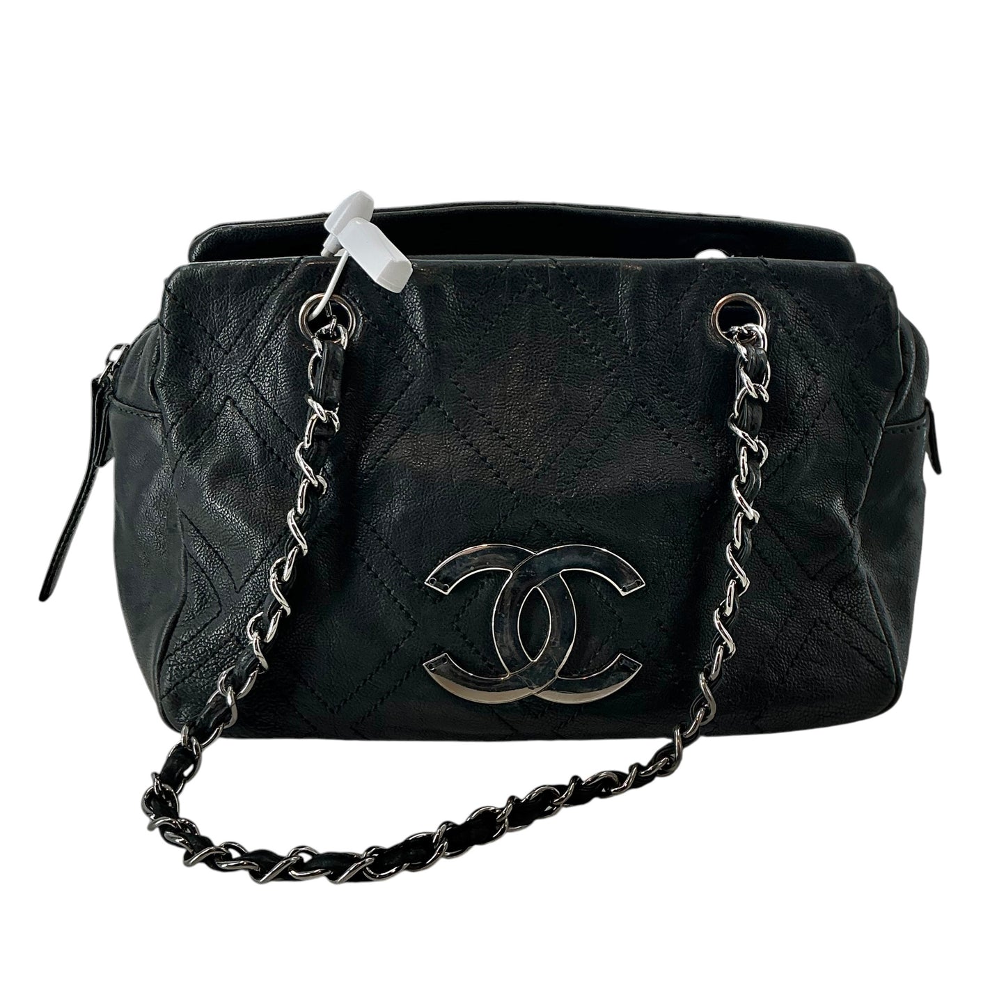 Chanel Vintage Black Diamond Stitch Leather Bowler Bag