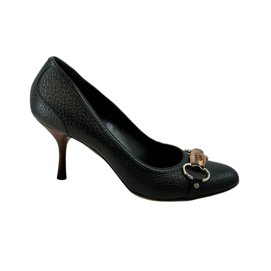 Gucci Vintage Black Pebbled Leather Bamboo Horsebit Pumps