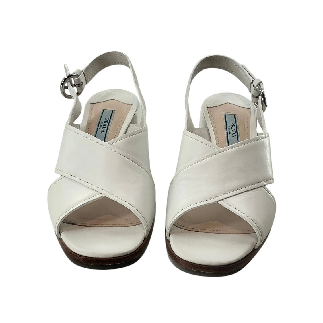 Prada White Leather Crisscross Block Heel Slingback Sandals