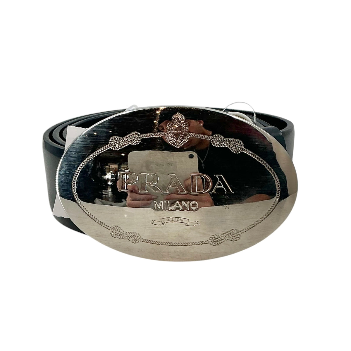 Prada Black Leather Belt with Silver Oval Logo Plaque Buckle