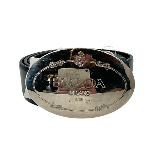 Prada Black Leather Belt with Silver Oval Logo Plaque Buckle