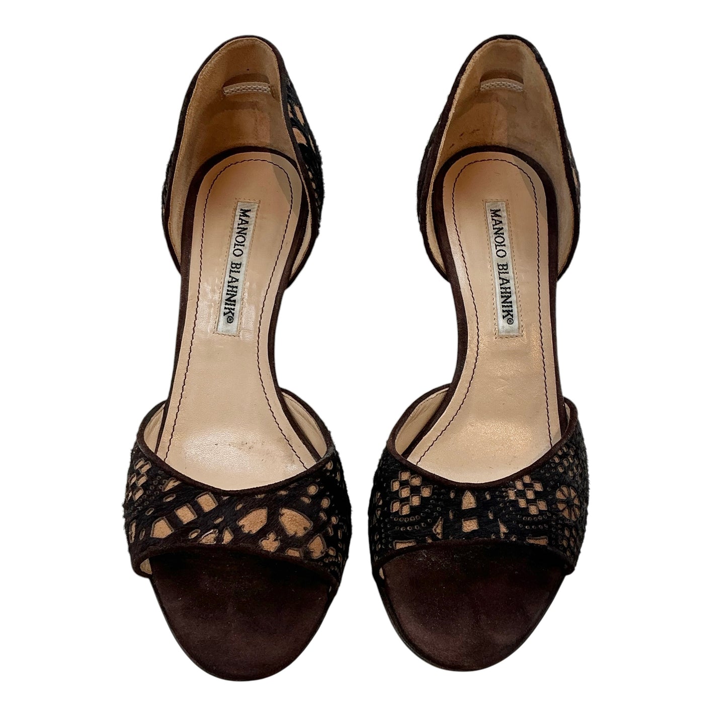 Manolo Blahnik Brown Laser-Cut Suede Lace D'Orsay Peep Toe Heels