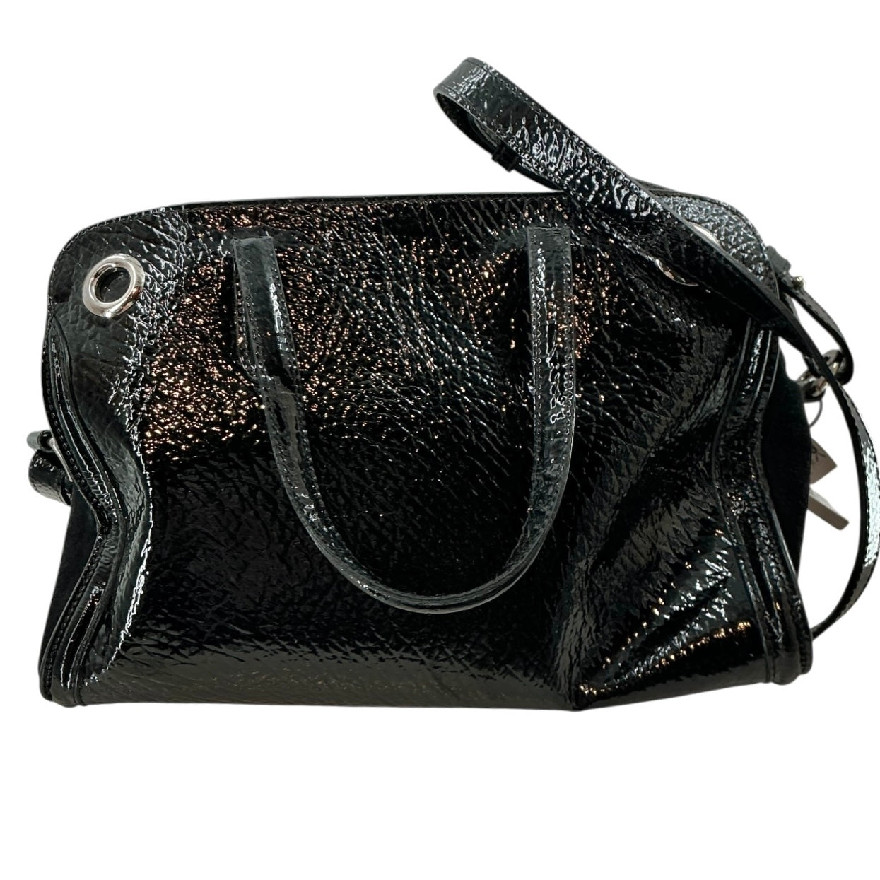 Alexander McQueen Black Patent Leather Eyelet Padlock Small Satchel