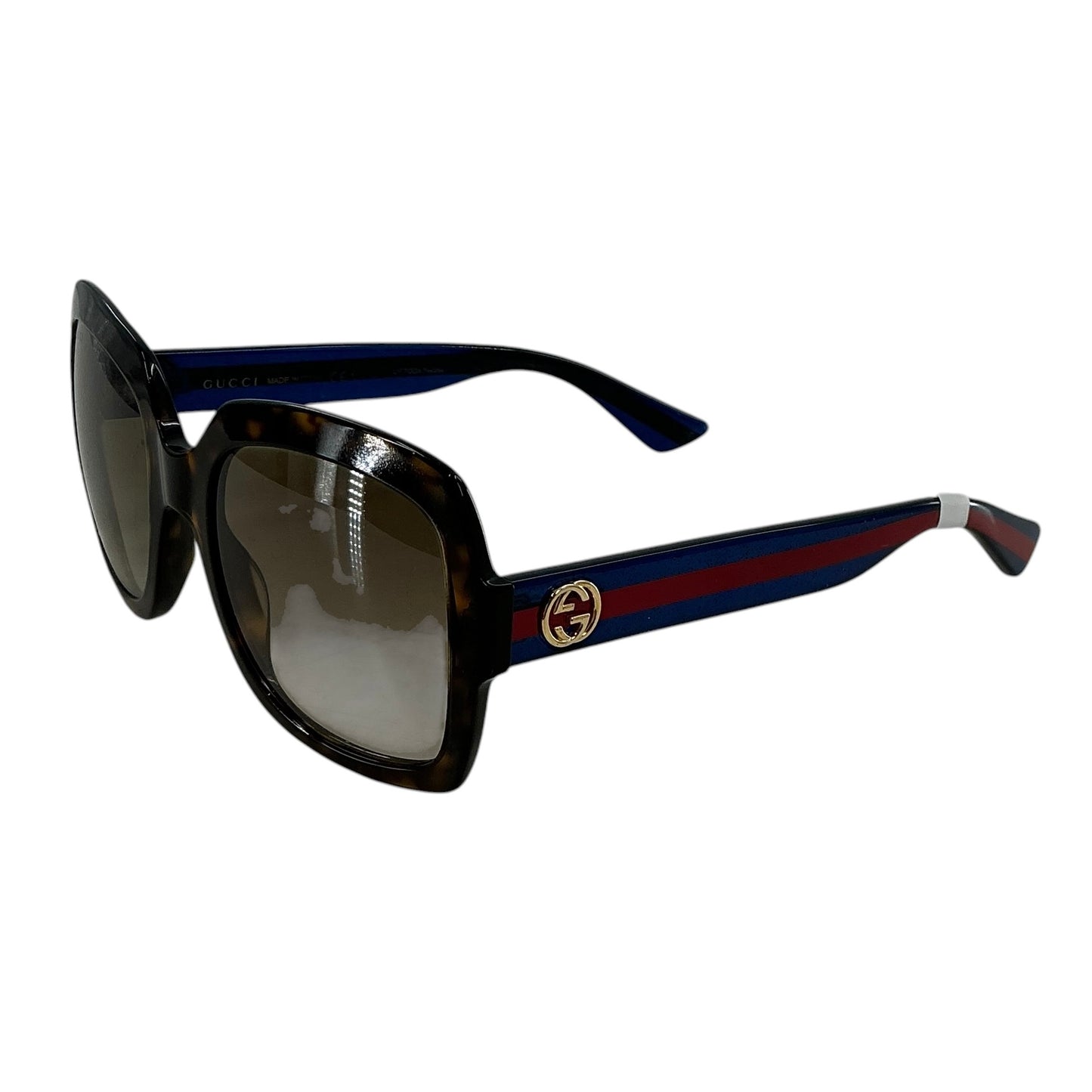 Gucci GG0036SN Women's Havana Square Sunglasses - Blue & Red Web Temple
