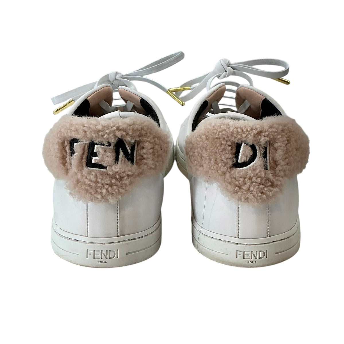 Fendi White Leather Low-Top Shearling Trim Sneakers