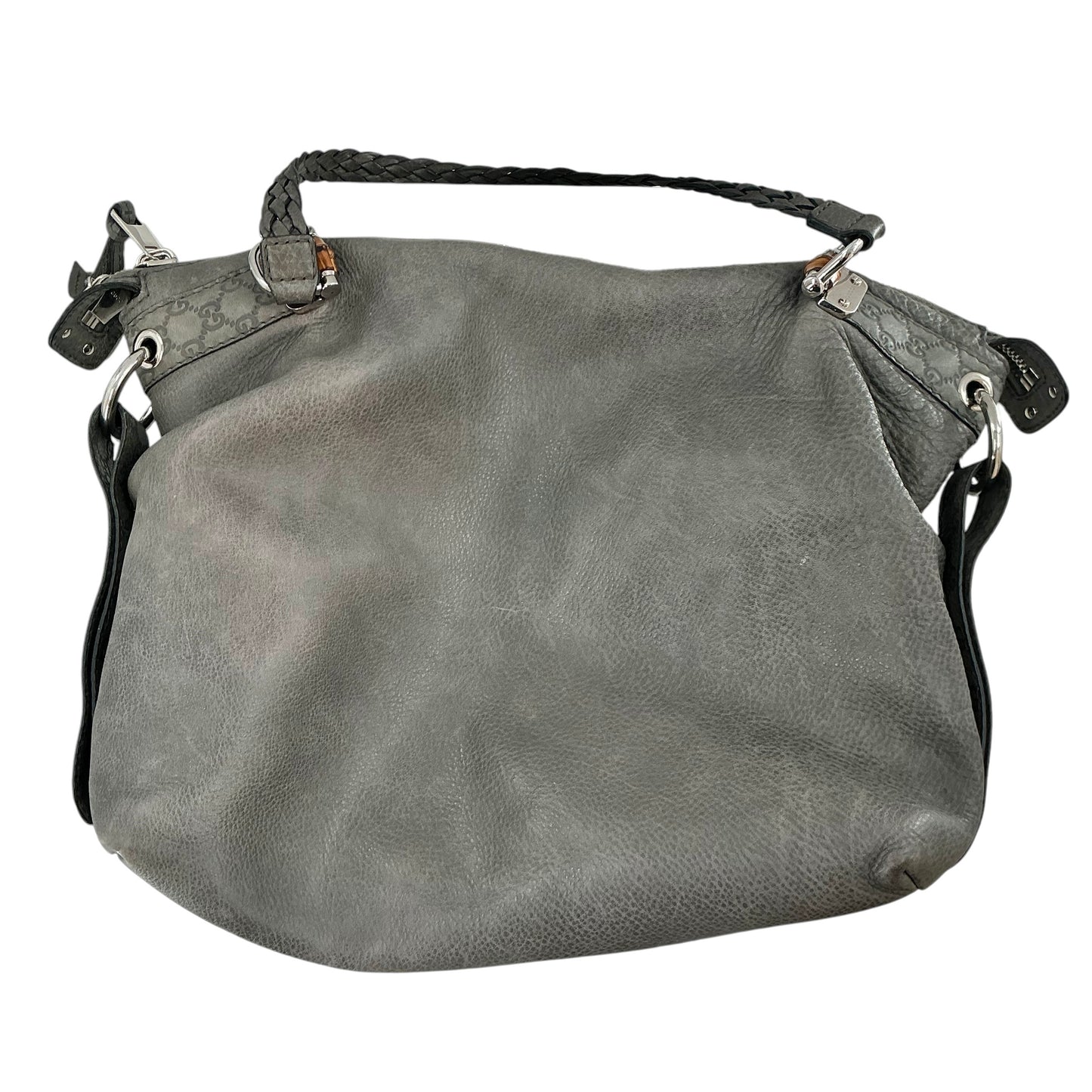 Gucci Grey Leather Bamboo Bar Large Shoulder Bag with Braided Handle