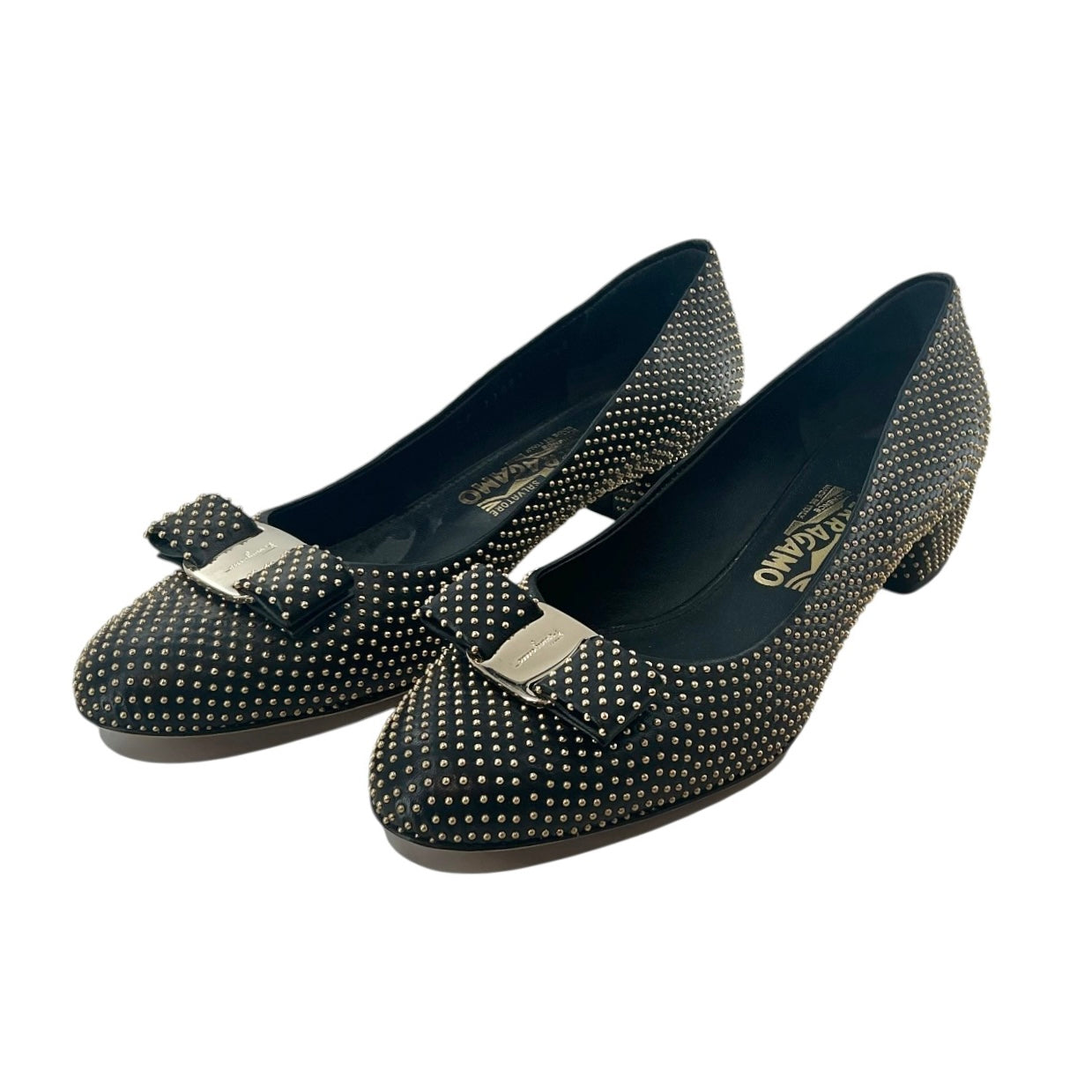 Salvatore Ferragamo Vara Studded Bow Block Heel Pumps
