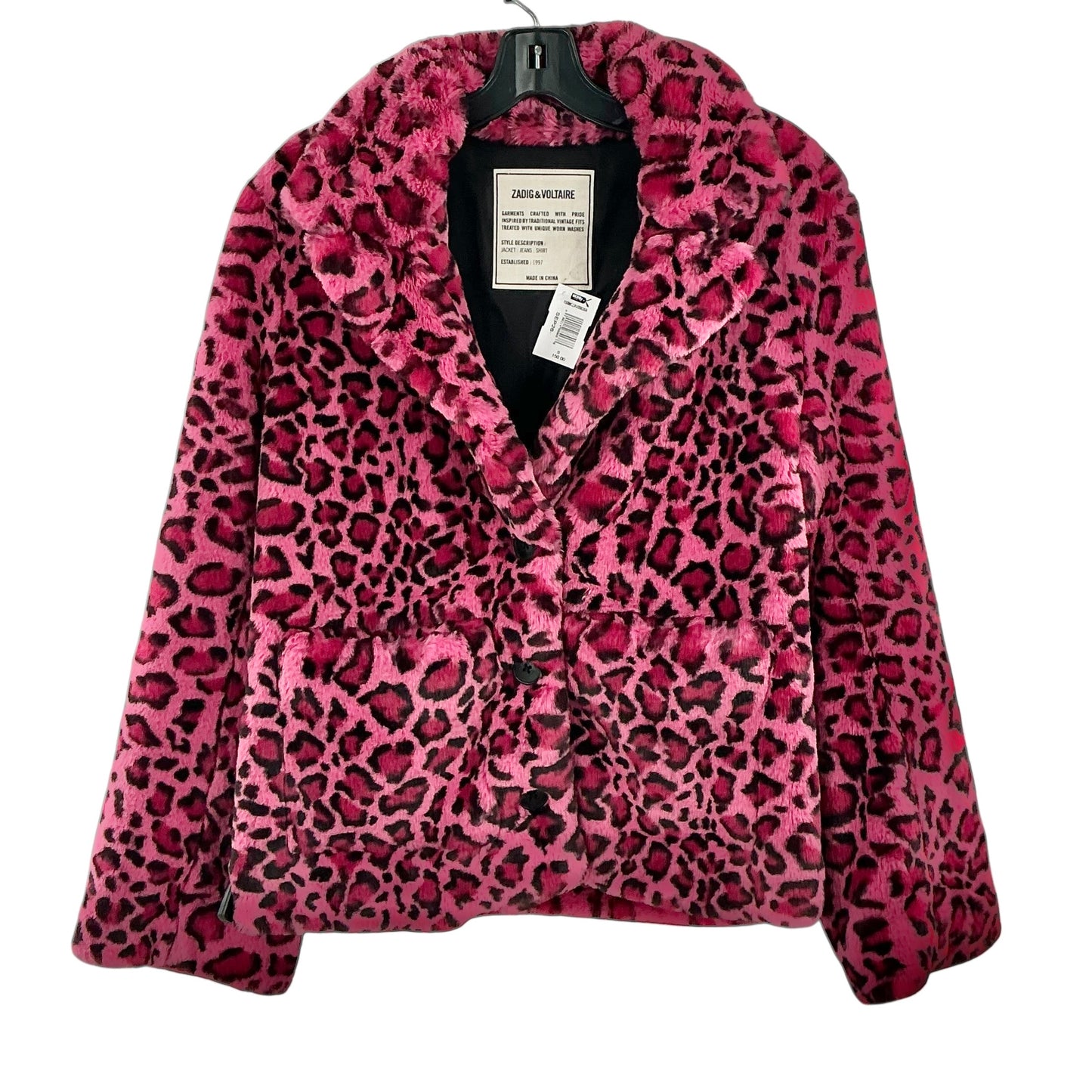 Zadig & Voltaire Lila Pink Leopard Print Faux Fur Statement Jacket
