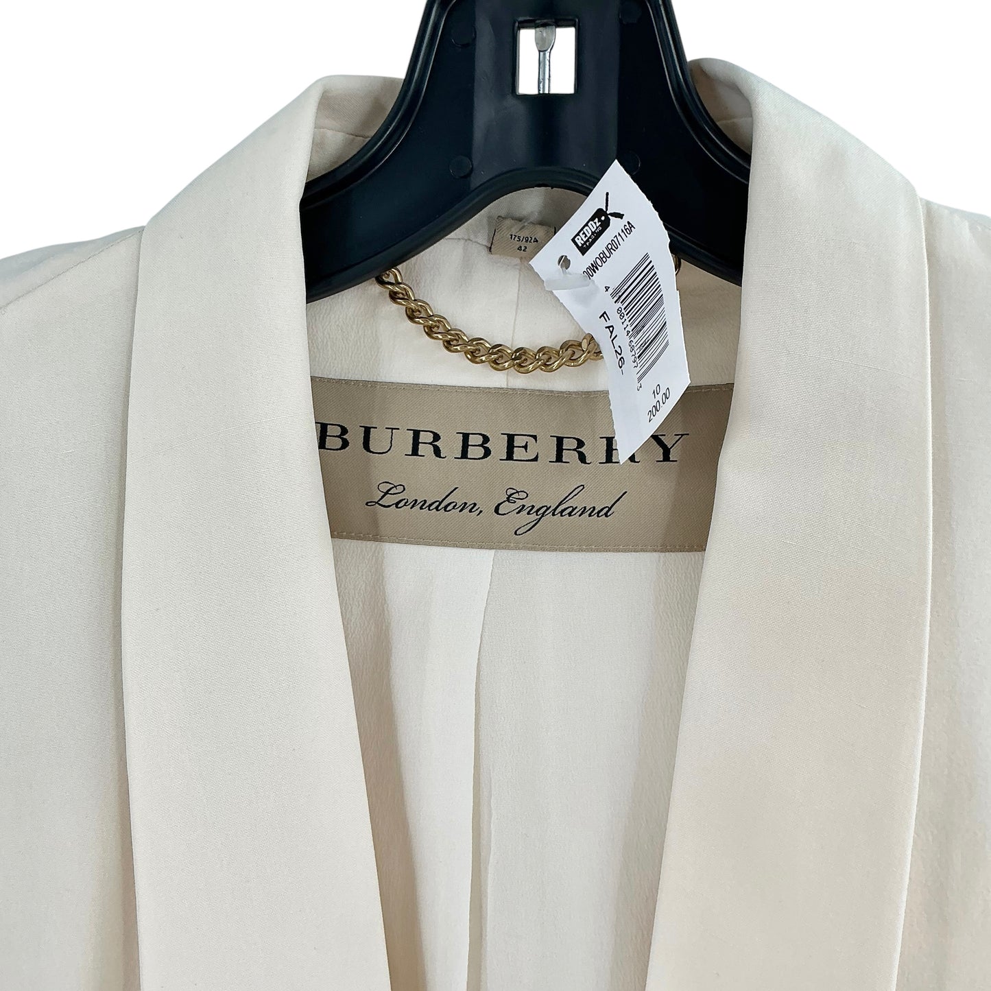 Burberry Cream Shawl-Collar Tuxedo Blazer with Gold Chain Closure
