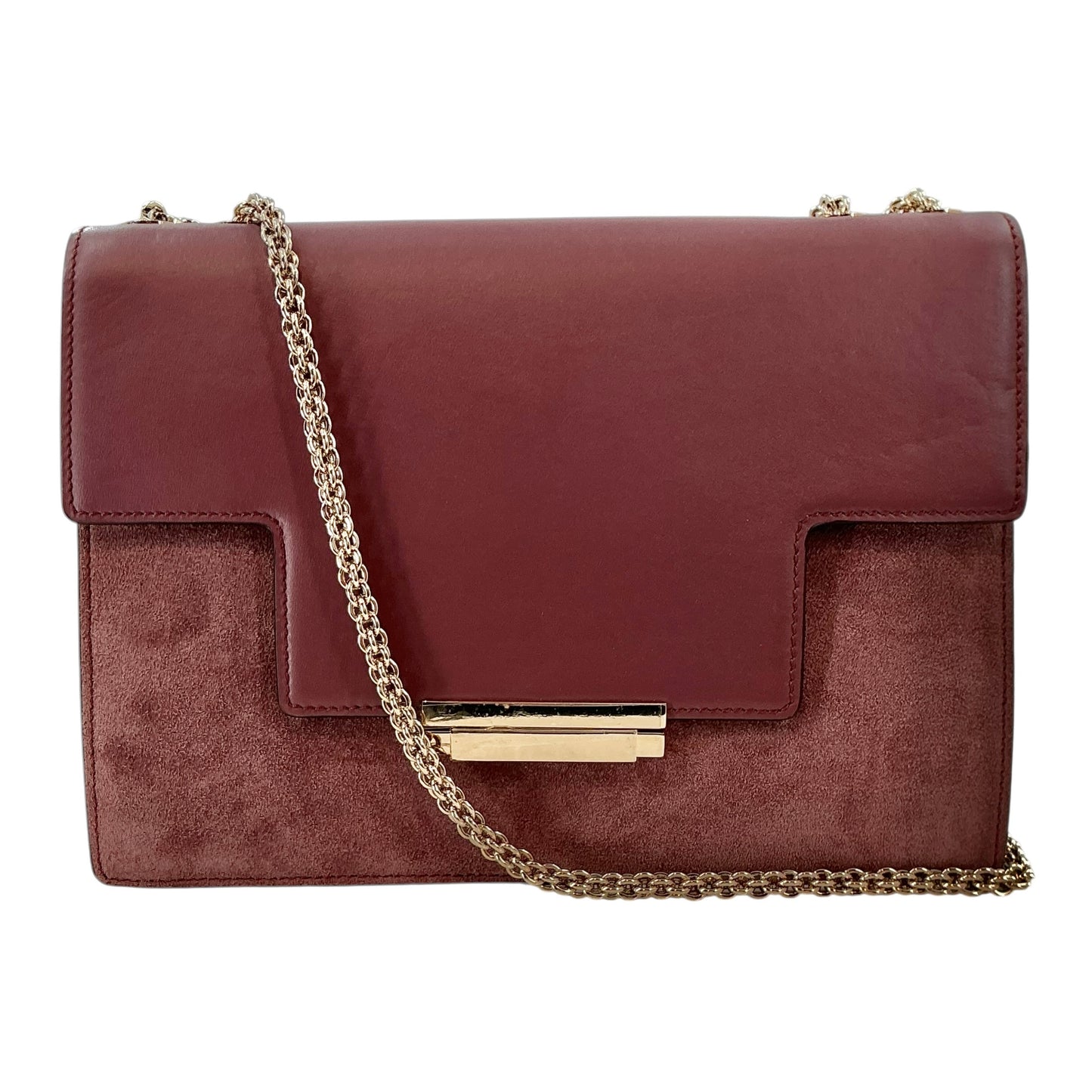 AERIN Burgundy Leather & Suede Convertible Flap Shoulder Bag with Gold Chain