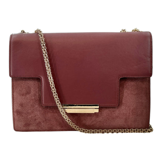 AERIN Burgundy Leather & Suede Convertible Flap Shoulder Bag with Gold Chain