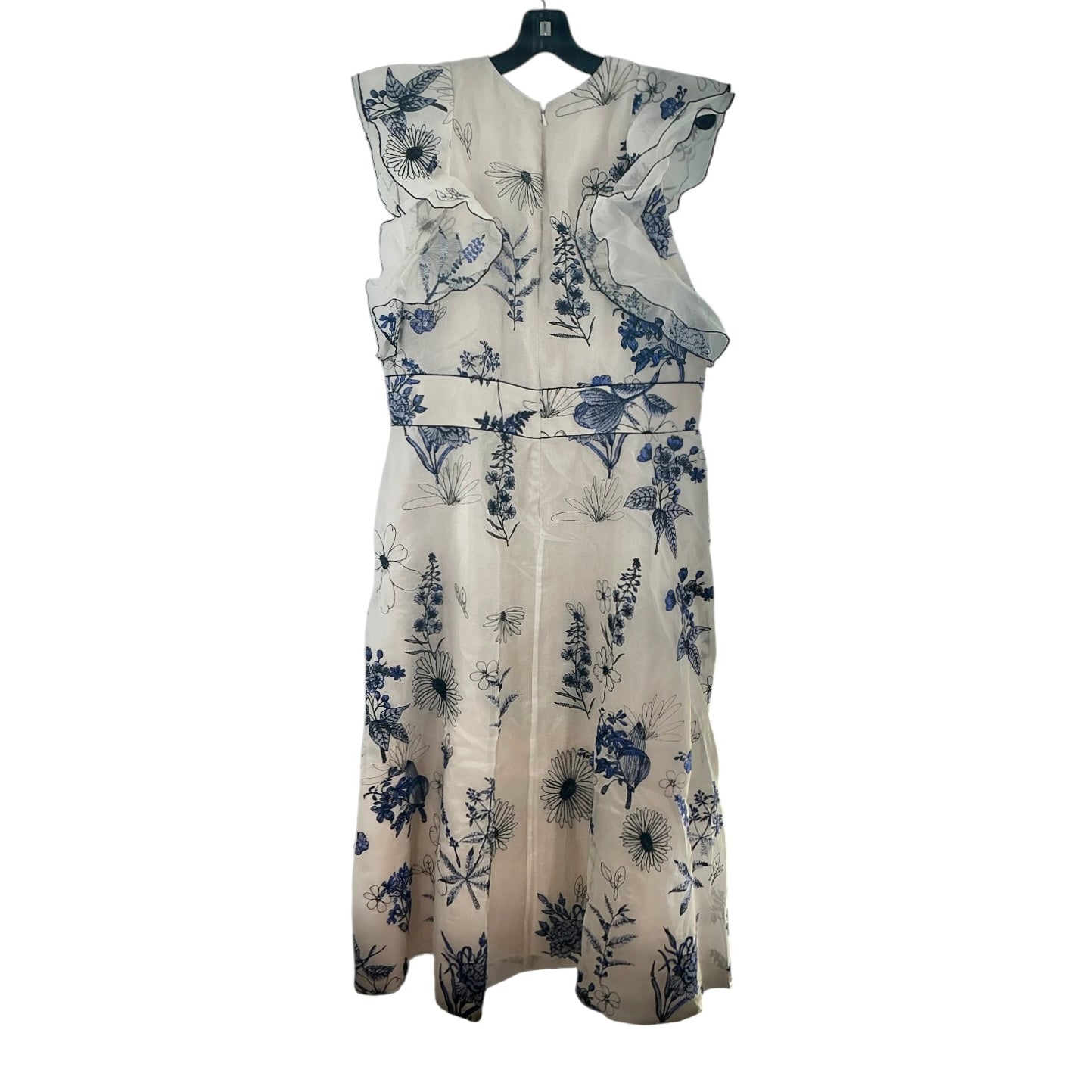 Lela Rose Blue Floral Flutter Sleeve Silk Midi Dress