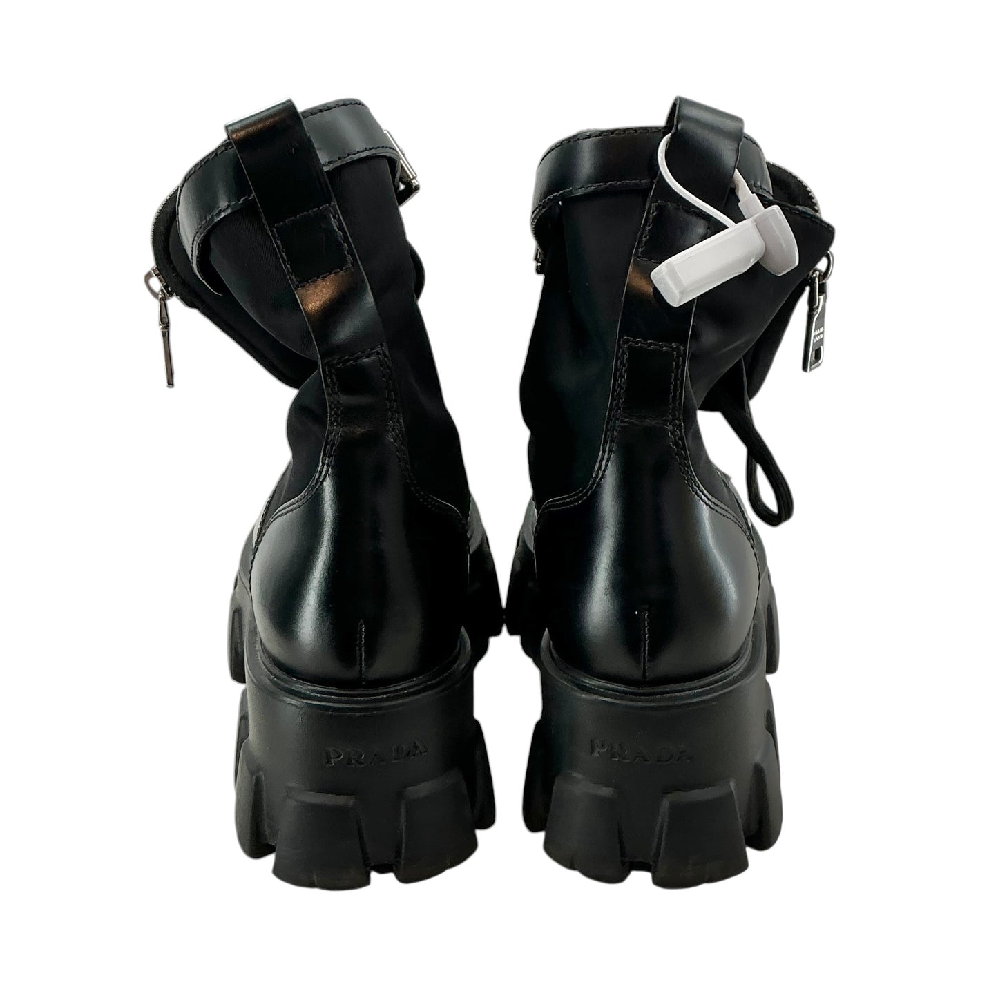Prada Black Monolith Brushed Leather and Re-Nylon Combat Boots
