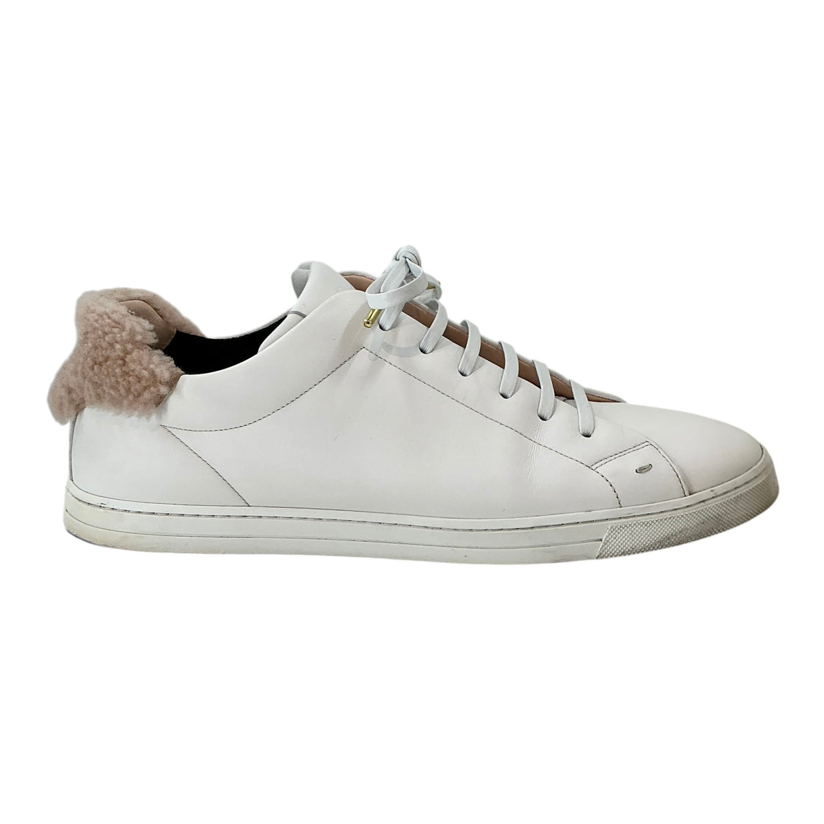Fendi White Leather Low-Top Shearling Trim Sneakers