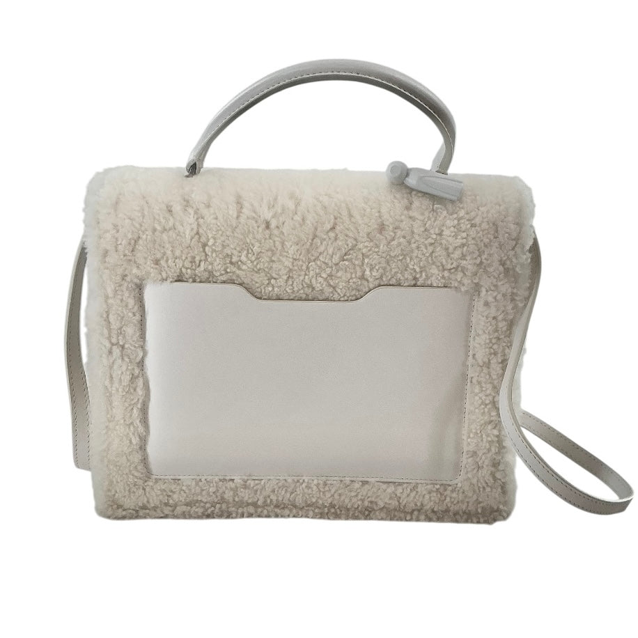 Off-White White Shearling & Leather Jitney 2.8 Top Handle Bag