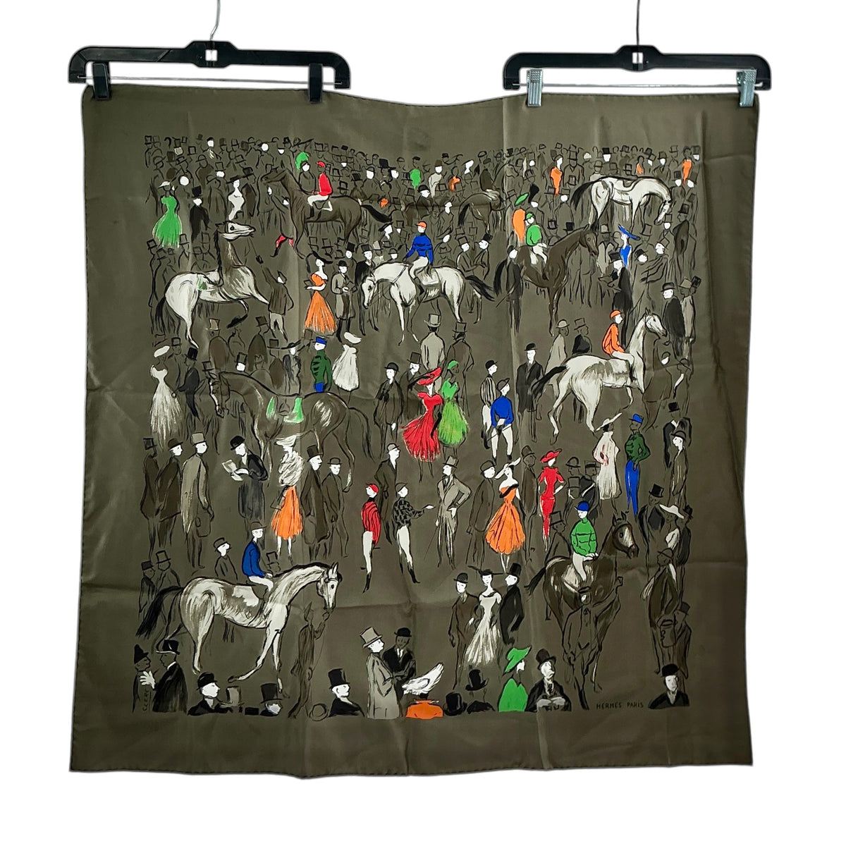 Hermès "Paddock" Silk Scarf 90 By Jean-Louis Clerc - Khaki Green Olive