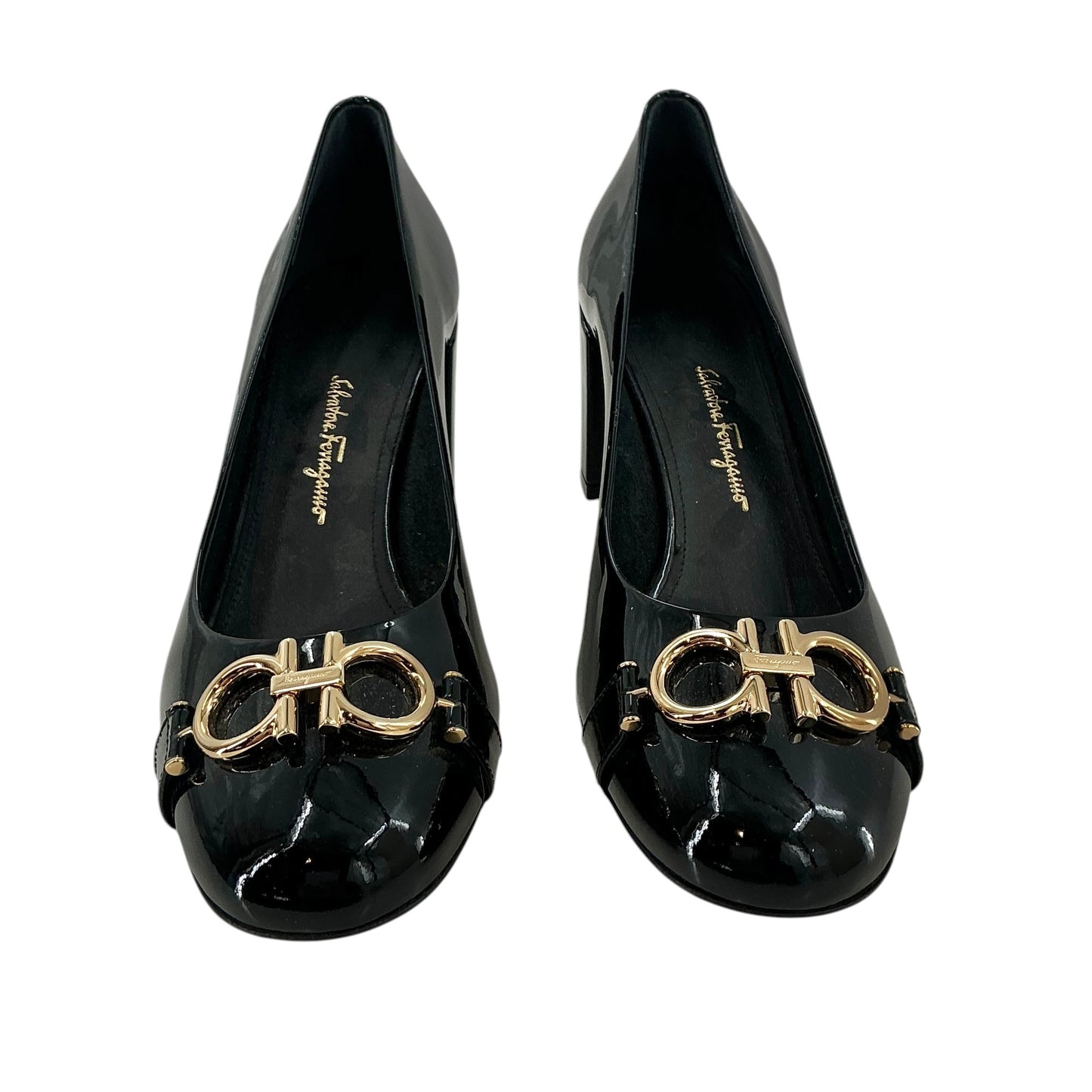 Salvatore Ferragamo Garda Gancini Black Patent Leather Pumps