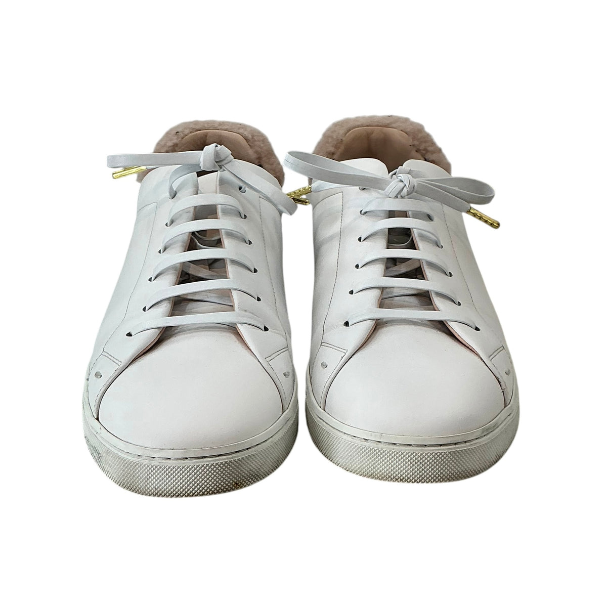 Fendi White Leather Low-Top Shearling Trim Sneakers